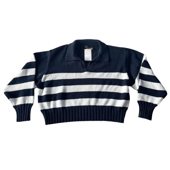 NWT Quince Womans XL 100% Organic Cropped Cotton Polo Sweater Navy White Striped - Picture 11 of 11